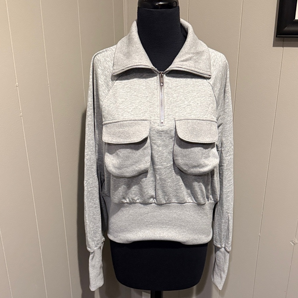 B34 Doe & Rae Women Heather Gray Collared Quarter-Zip Hoodie Large Pockets